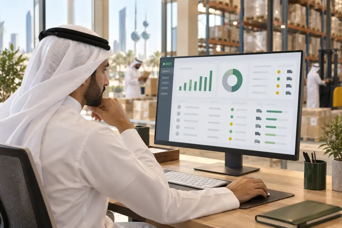 An illustrative business dashboard displayed in an office.