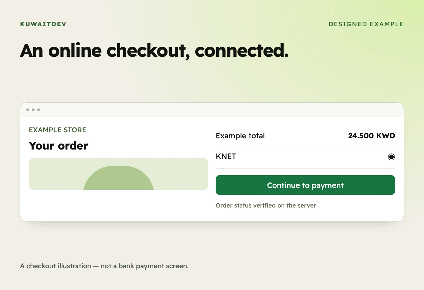 An online checkout, connected. A checkout illustration — not a bank payment screen.