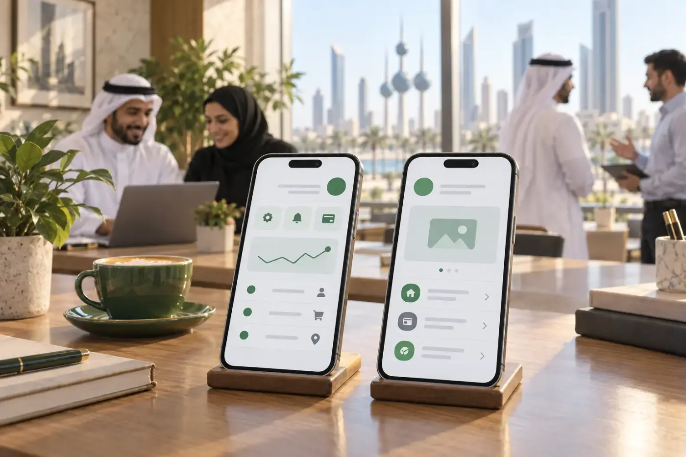 Mobile app interfaces displayed on smartphones.