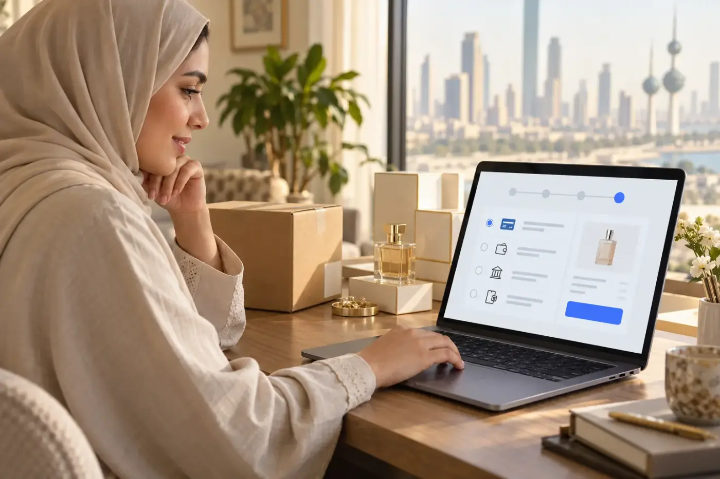 An illustrative online checkout on a phone beside a laptop.