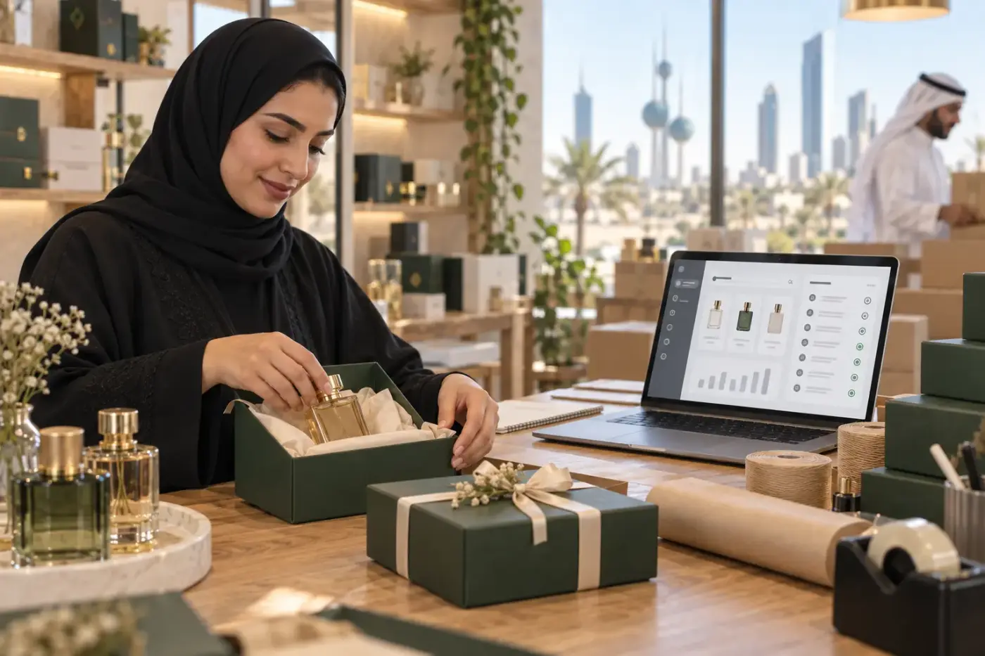 A merchant preparing orders beside an online store dashboard.