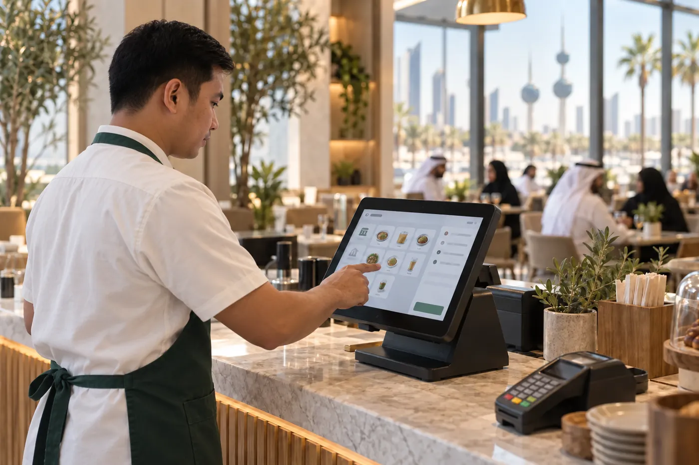 A café cashier operating a touchscreen point-of-sale system.