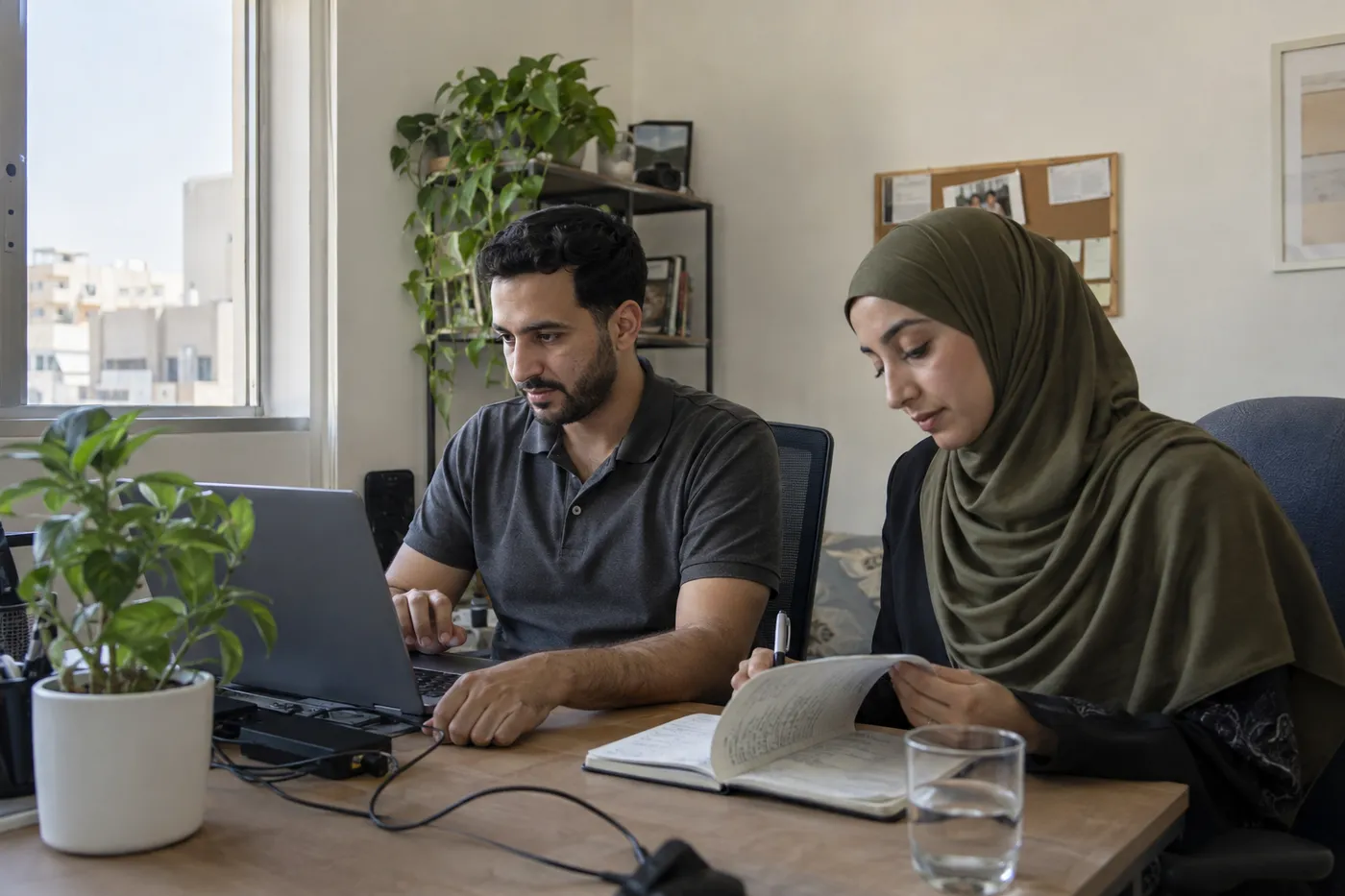 Illustrative working scene: two colleagues reviewing a laptop and notebook in a naturally lit office